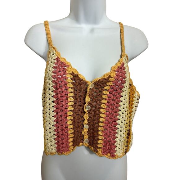 Zara Boho Open Knit Top Sz Small Neutrals Button Front Blouse Crop Festival - Picture 2 of 10